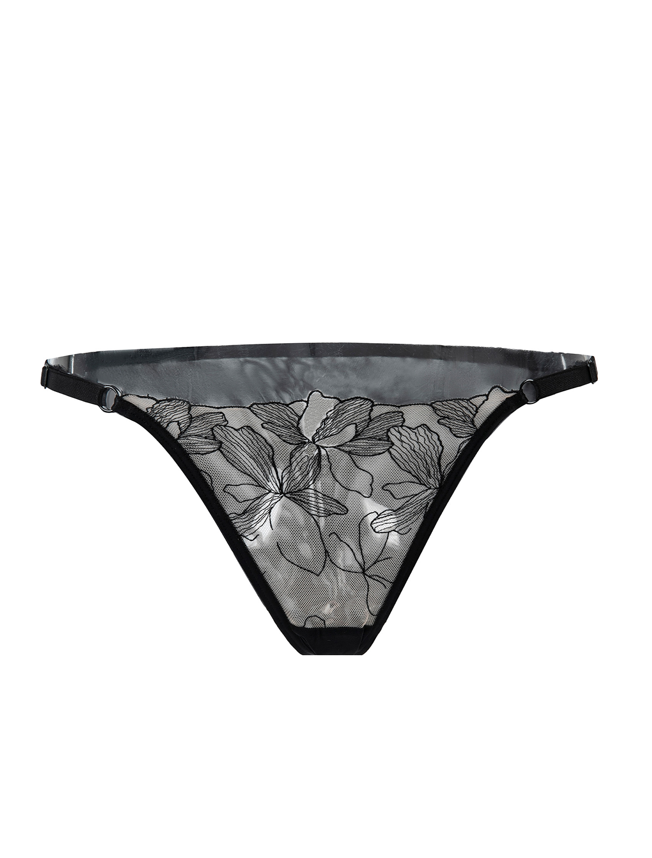 Perizoma nero in pizzo floreale con dettagli ad anello