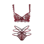 Strappy Eyelash Lace Lingerie Set - Deep Burgundy