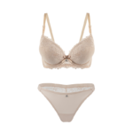 Floral Lace & Mesh Underwired Lingerie Set - Nude Champagne
