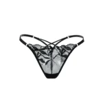 Black Floral Embroidered Strappy Thong - Black