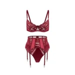 Luxury Lace & Satin Garter Lingerie Set - Red