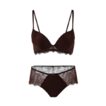 Satin & Scalloped Eyelash Lace Lingerie Set - Deep Espresso