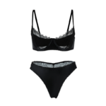Satin & Eyelash Lace Balconette Lingerie Set - Midnight Black