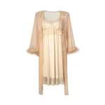 Ethereal Lace & Mesh Nightgown Set with Feather-Trim Robe - Beige