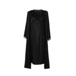 Midnight Lace Silk Peignoir & Nightgown Set - Black