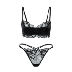 Satin & Embroidered Leaf Mesh Lingerie Set - Midnight Onyx