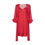 Ethereal Lace & Mesh Nightgown Set with Feather-Trim Robe - Ruby Red