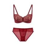 Sheer Floral Lace & Mesh Wireless Lingerie Set - Burgundy Wine