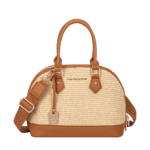 Woven Straw Dome Handbag with Faux Leather Trim and Matching Strap