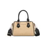 “Ischia” Straw and Eco-Leather Barrel Bag - Black