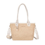 Summer Straw Woven Tote Bag with PU Leather Straps – Beige