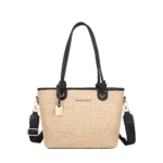 Summer Straw Woven Tote Bag with PU Leather Straps – Black