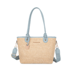 Summer Straw Woven Tote Bag with PU Leather Straps – Light Blue