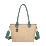 Summer Straw Woven Tote Bag with PU Leather Straps – Green