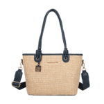 Summer Straw Woven Tote Bag with PU Leather Straps – Blue