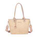 Summer Straw Woven Tote Bag with PU Leather Straps - Pink