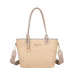Summer Straw Woven Tote Bag with PU Leather Straps - Cream