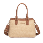 Woven Straw Handbag with Faux Leather Trim and Adjustable Strap