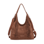Suede Hobo Bag with Side Fringes and Shoulder Strap